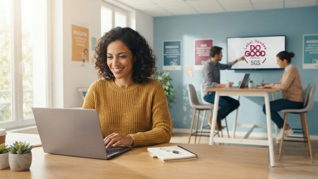 Une équipe travaillant dans un bureau associatif moderne et lumineux, symbolisant le passage d'une certification invisible à un engagement valorisé, avec le logo Label Do Good discrètement affiché sur un écran en arrière-plan.