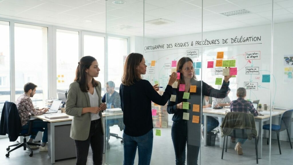 Deux consultantes RSE animent un atelier sur la cartographie des risques et les procédures de délégation devant un tableau en verre. Consulting RSE et gouvernance