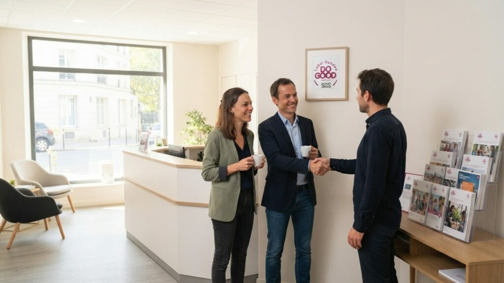 Accueil dans un cabinet de conseil labellisé Do Good : poignée de main chaleureuse entre deux collaborateurs et un visiteur, avec le label Gandee x SGS affiché au mur.