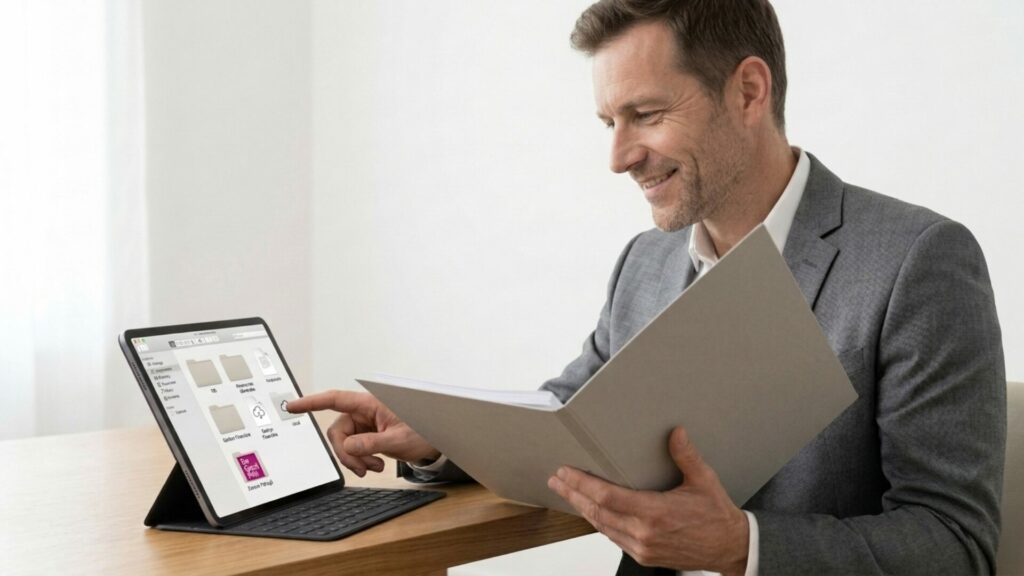 Vérification numérique des justificatifs sur tablette.