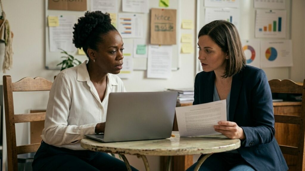 Une auditrice SGS et une responsable d'association travaillent ensemble sur un ordinateur lors d'une séance d'audit pour l'obtention du Label Do Good.
