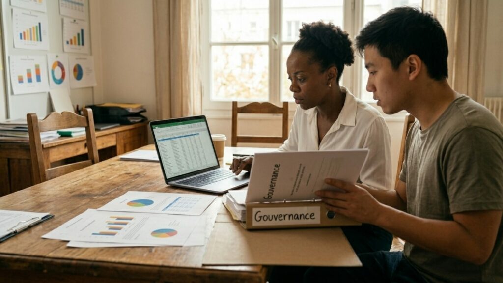 Une équipe associative prépare les documents de gouvernance et financiers, étape cruciale pour l'obtention du Label Do Good.