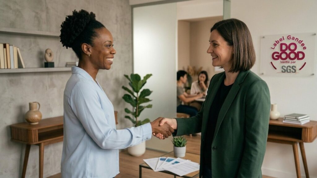 Une poignée de main entre deux collaboratrices souriantes dans un bureau pour célébrer la réussite de l'audit et l'obtention de la certification, avec la pancarte officielle du Label Do Good visible en arrière-plan.