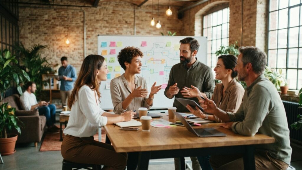 Équipe agile et réactive travaillant en collaboration sur tablette, illustrant la souplesse d'un fonds de dotation.