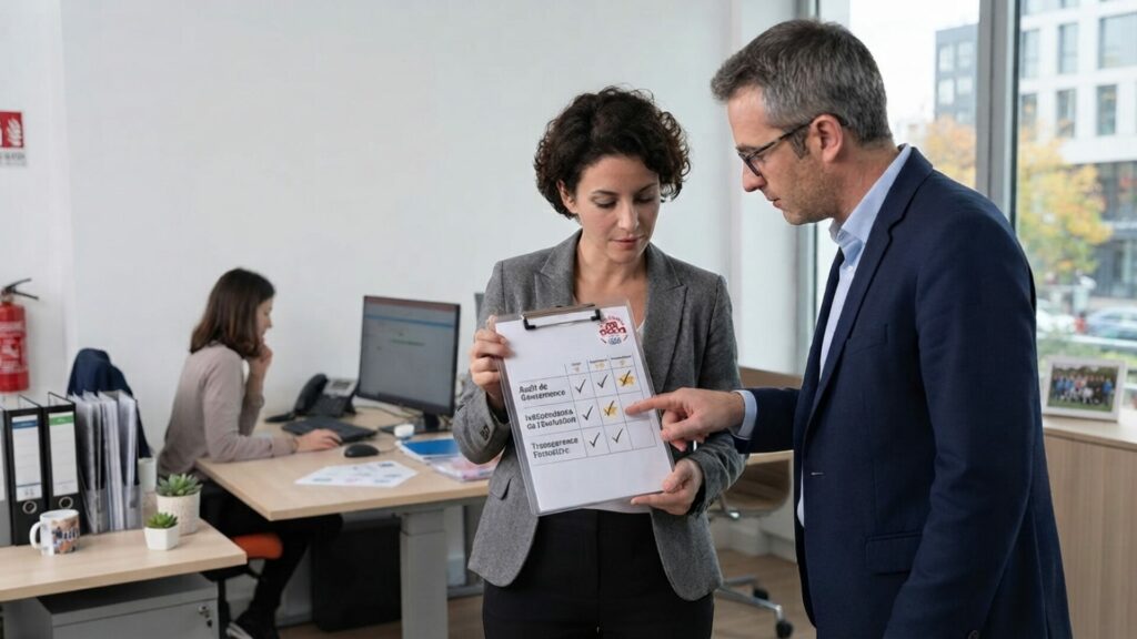 Deux professionnels en réunion analysant un document d'audit avec des critères validés pour l'obtention du label Do Good