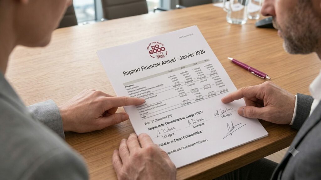 Deux professionnels analysent un rapport financier.