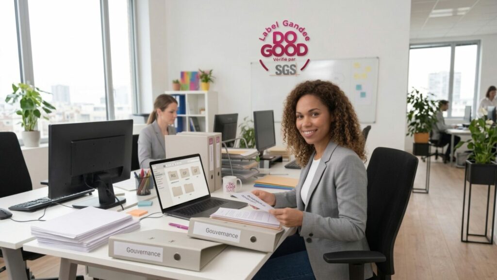 Une collaboratrice assise à son bureau dans un open space lumineux, triant des papiers et regardant un ordinateur portable avec des classeurs étiquetés "Gouvernance" au premier plan. Le logo "Do Good SAS" est affiché au mur.