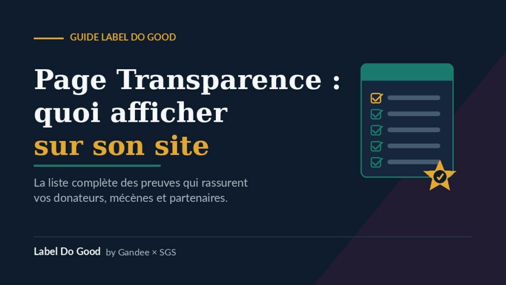 Visuel guide Label Do Good listant les éléments à afficher sur la page transparence d'une association (gouvernance, comptes, rapport annuel, impact, certification) avec une checklist et un sceau de certification étoilé