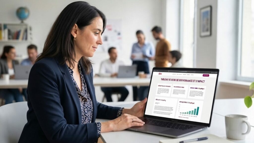 Une donatrice potentielle, professionnelle et souriante, navigue sur une page web de 'Transparence' claire et détaillée sur son ordinateur portable dans un bureau moderne, illustrant l'accès facile aux informations clés pour les donateurs.
