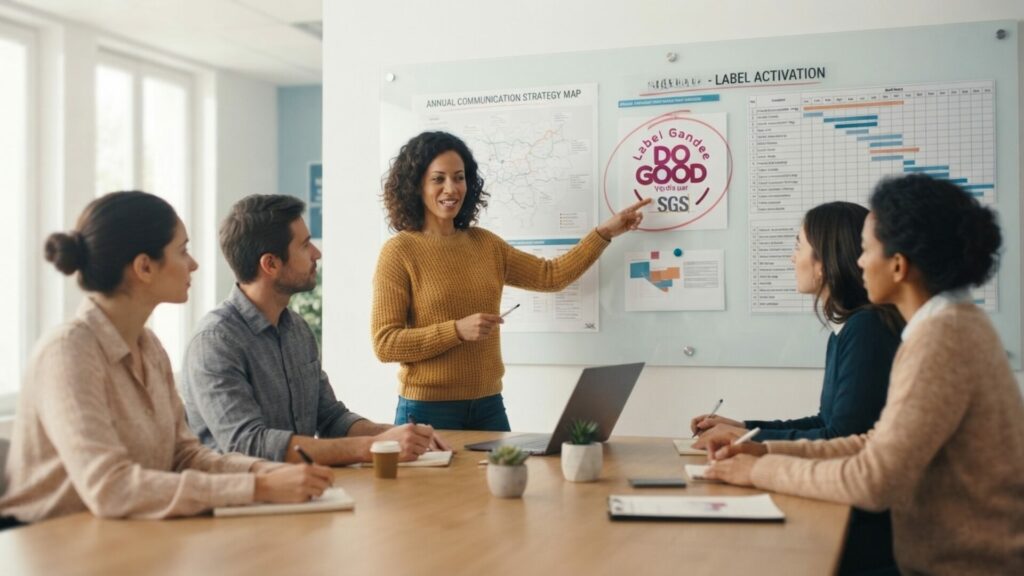 La directrice d'une association, Sophie, briefe son équipe autour d'un tableau de rétroplanning stratégique.