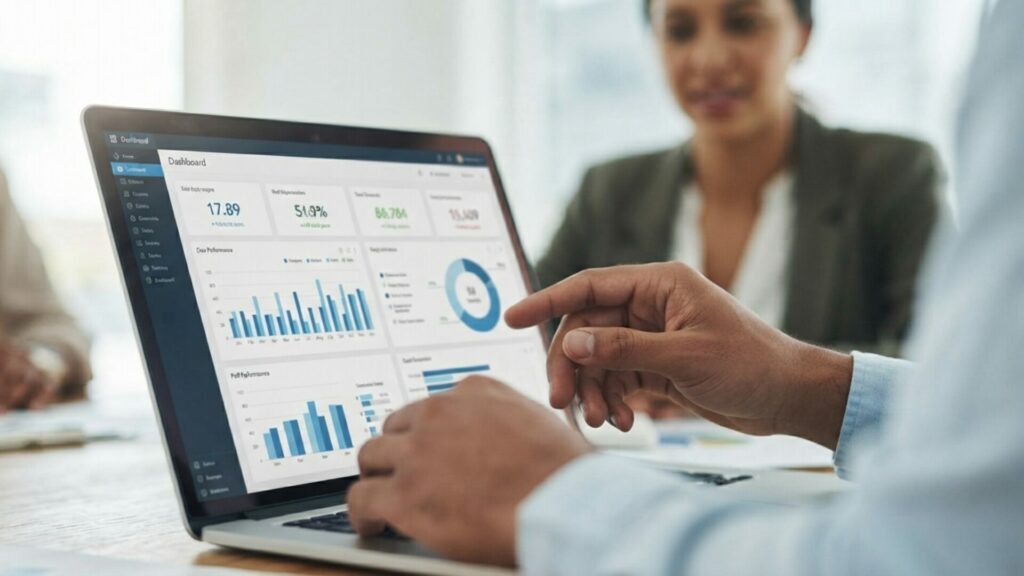 Gros plan sur un tableau de bord numérique affichant des indicateurs de performance, symbolisant la rigueur du suivi de la gouvernance et de la transparence financière.