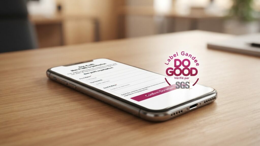 Alt : Un écran de smartphone affichant un formulaire de don en ligne. Le logo "Label Gandee DO GOOD Věriﬁé par SGS" est placé stratégiquement à côté du bouton de paiement pour rassurer le donateur au moment décisif.