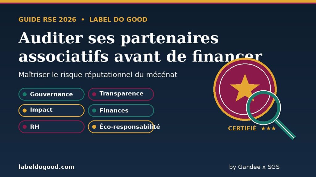 Direction RSE examinant à la loupe les dimensions de gouvernance, de transparence et d'impact d'un partenaire associatif reliées à un sceau de certification étoilé, illustrant comment auditer ses partenaires associatifs avant de financer.