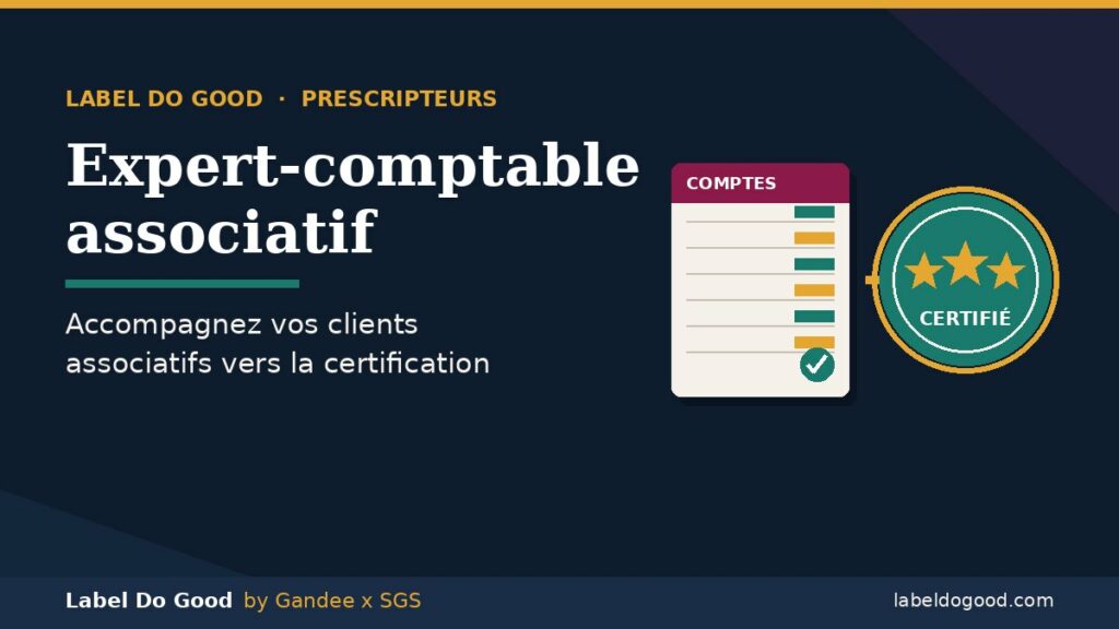 Expert-comptable associatif présentant un dossier de comptes à une dirigeante d'association, relié à un sceau de certification étoilé, illustrant l'accompagnement vers la labellisation.