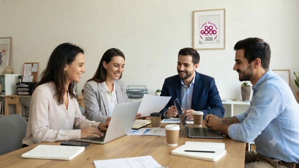 Équipe de travail collaborative en réunion de bureau, utilisant des ordinateurs portables pour analyser des rapports de performance.