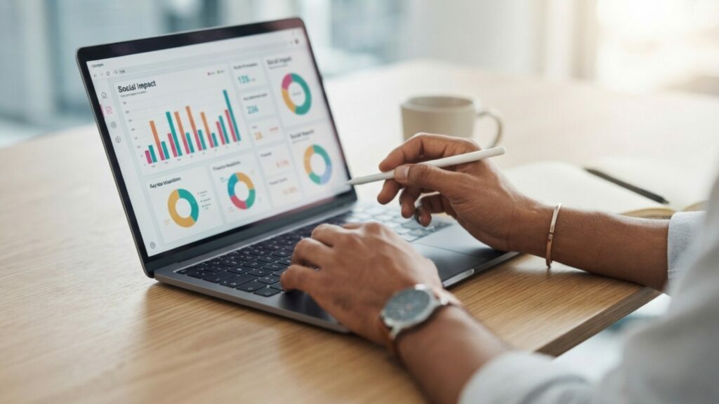 Analyse de données d'impact social sur ordinateur portable : tableau de bord avec graphiques et indicateurs de performance.