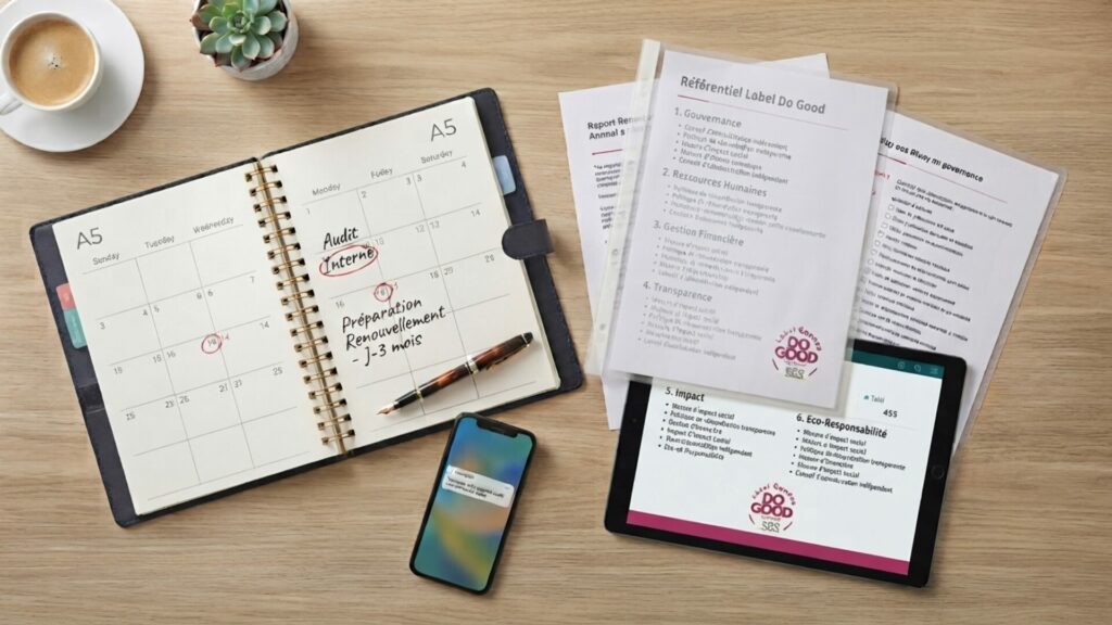 Vue de dessus (flat lay) d'un bureau organisé avec un agenda ouvert (échéances d'audit marquées), un dossier de preuves contenant les documents clés (avec le logo Label Do Good by Gandee x SGS visible), et une tablette affichant un tableau de bord de suivi, illustrant une gestion rigoureuse et proactive du cycle de vie de la certification.