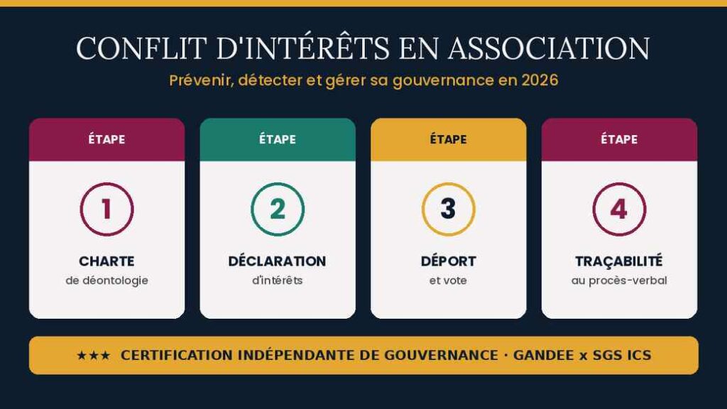 Prévention du conflit d'intérêts en association : quatre étapes de gouvernance (charte de déontologie, déclaration d'intérêts, déport et vote, traçabilité au procès-verbal) aux couleurs du Label Do Good.