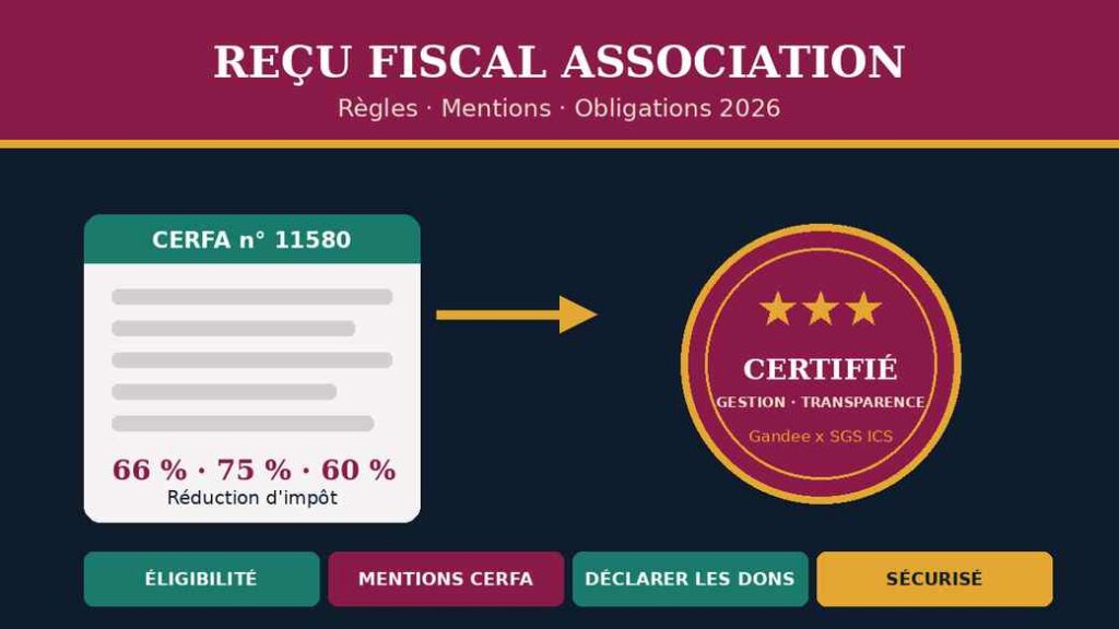 Reçu fiscal association : un justificatif CERFA relié par une flèche dorée à un sceau de certification étoilé, entouré des étapes clés (éligibilité, mentions obligatoires, déclaration des dons), aux couleurs du Label Do Good.